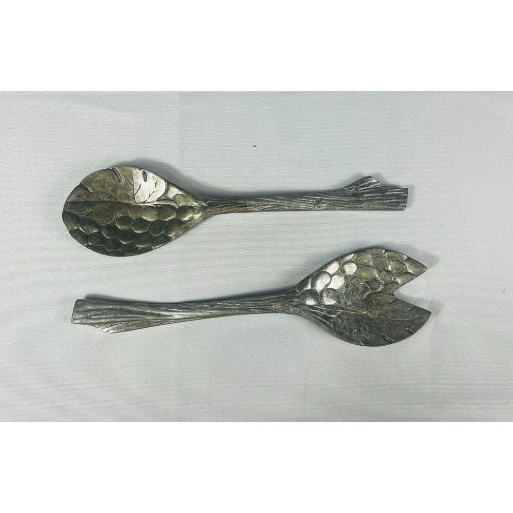 Vintage Pewter Leaf Design Salad Pasta Serving Utensils Fork Spoon Hostess Gift
